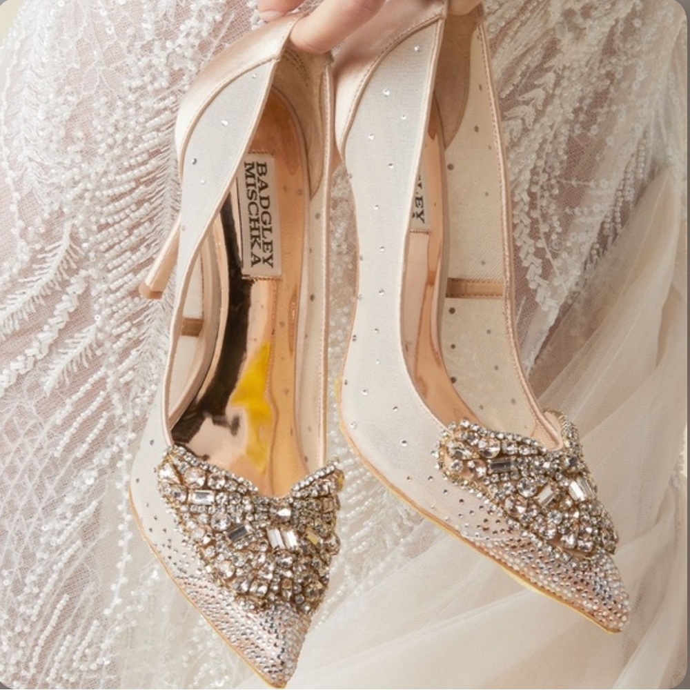 Badgley Mischka Quintana Mesh Embellished High-Heel Pumps in Champagne - Picture 2 of 16